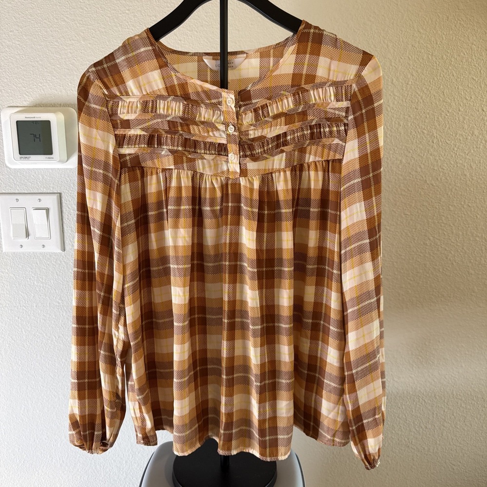 Lauren Conrad‎ Women's Blouse Brown Plaid Cottagecore Country Size Medium